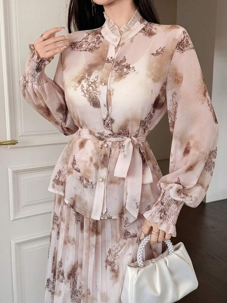 Women's Elegant Floral Print Frill Waist Belt Shirt And Pleated Skirt 2-Piece Set, Spring/Summer,Wedding Guest Dress Women