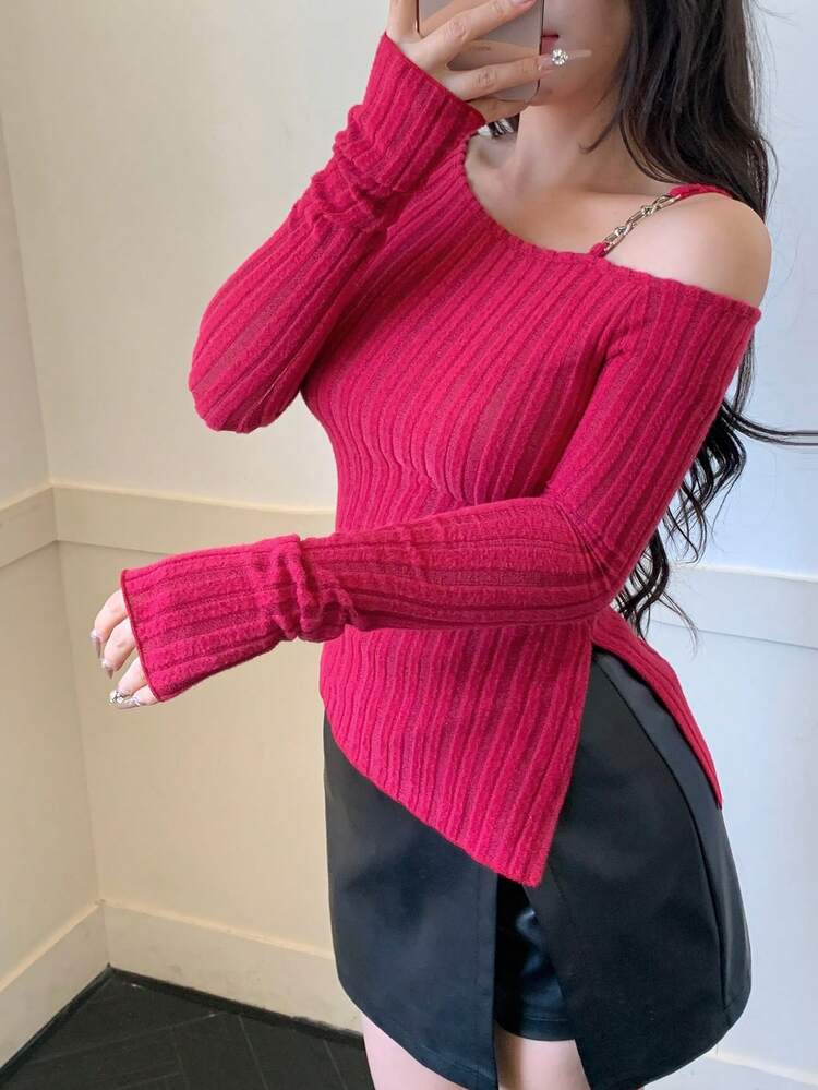 Women's Solid Color Asymmetric Collar Long Sleeve Side Slit Hem Fitted Ribbed T-Shirt, Autumn