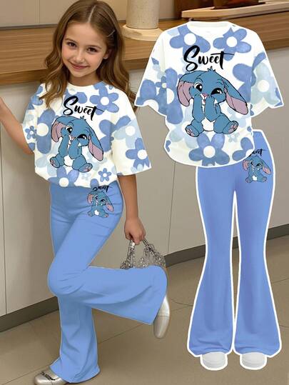 SHEIN Young Girls Cute Cartoon Blue Rabbit Stitch Pattern, Blue Ombre Floral, Young Girl Casual Minimalist Cartoon Pattern Round Neck Short Sleeve Top And Flare Pants 2 Piece Set, Suitable For Summer