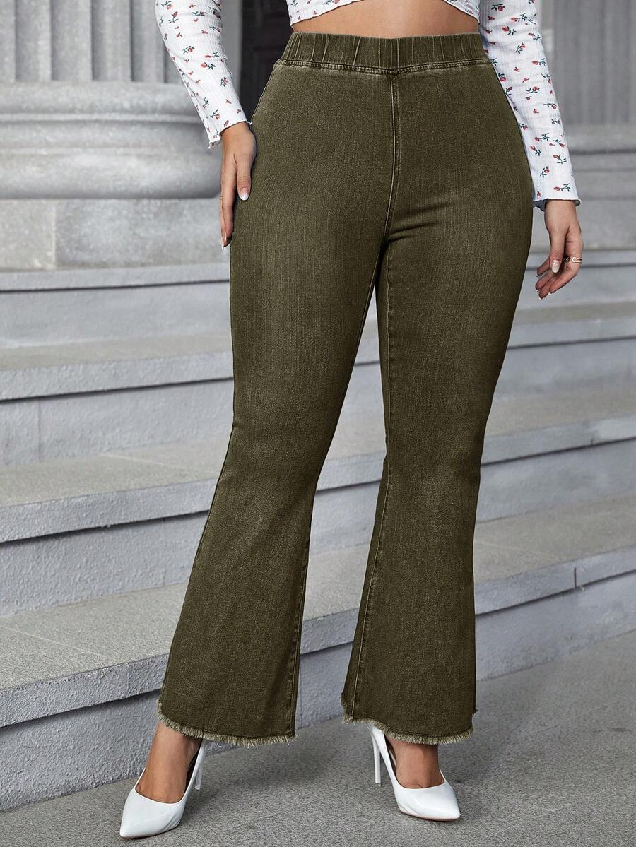 EMERY ROSE Plus Size Casual Everyday Washed Frayed Elastic Waist Flare Jeans - Dark Green - View 1