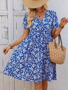 EMERY ROSE Đầm ngắn cổ chữ V in hoa dành cho nữ, thích hợp cho kỳ nghỉ hè. - Xanh và trắng - Xem 6