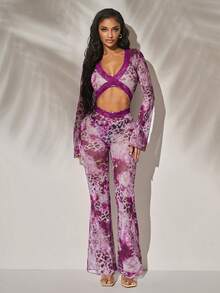 Radiana Women's Sexy Fashion Purple Leopard Print Lace Patchwork V-Neck Backless Jumpsuit - Multicolor - View 4