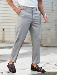 Manfinity Mode 男士纯色休闲商务裤 - 灰色 - 查看 3