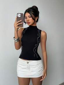 SHEIN Elenzya Women Black Knit Sleeveless Stand Collar Casual Regular Top With Rhinestone Detail - Black - View 3