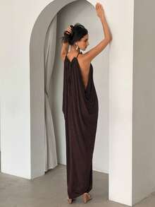 Aloruh Women's Elegant Summer Dark Brown Maxi Dress,Solid Color Loose Floor Length Vacation Outfits,Formal Wedding Guest Graduation Party Dining Dress,Y2K - Coffee - View 6