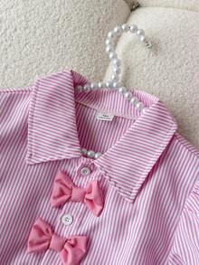 SHEIN 2件套女童彩色蝴蝶结泡泡袖白衬衫+紫色宽松阔腿裤，休闲日常及度假穿着，夏季 - 粉色 - 查看 3