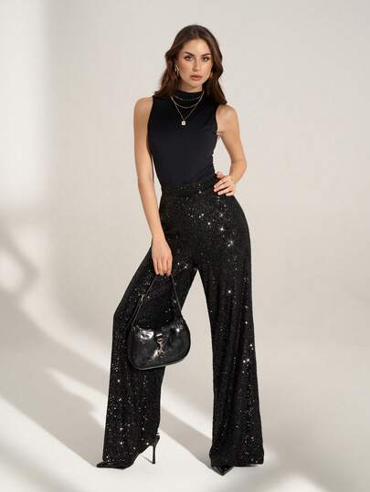 SHEIN Tall High Waist Sequin Wide Leg Pants For Party