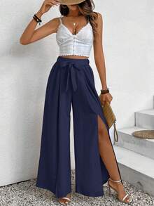 SHEIN Frenchy 女士度假开衩系腰宽松裤 - 藏蓝色 - 查看 5