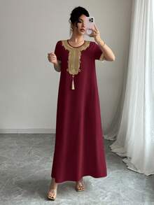 Rafferiza Đầm nữ mùa hè kiểu dáng thường ngày thanh lịch, phối nhiều mảnh vải, thêu họa tiết và tua rua. - Màu Đỏ Sâu - Xem 7