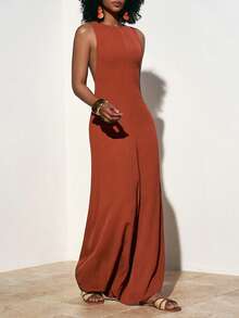 Zivah Bộ jumpsuit nữ dáng rộng không tay cổ tròn màu vàng nâu, phong cách boho, màu sắc tươi tắn, phối ren xếp ly kim loại ở lưng, dành cho mùa xuân/hè 2026. Thích hợp cho các hoạt động thường ngày, dự tiệc, du lịch, phong cách boho, đi biển, trang phục sân bay, trang phục ăn trưa, lễ hội và trang phục dự đám cưới, kỳ nghỉ, phong cách phương Tây, du mục. - Rỉ Nâu - Xem 6