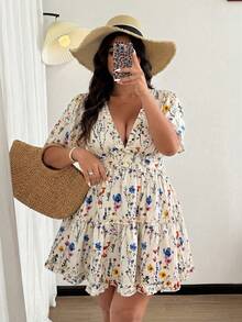 Vionelle Plus Size Women Vacation Chiffon Floral Print Ruffle Sleeve Hem Dress - Multicolor - View 4