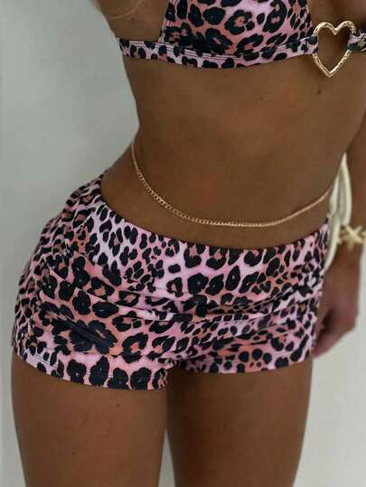 Bonvoyette Swim Vcay New In American Sexy Hot Girl Style Chic & Flattering Pink Leopard Print Ruched High-Waisted Hot Pants Bikini Bottom, Y2K Cheeky Swim Trunks, Soft Quick-Dry Stretch Tummy Control Swim Shorts, Bold & Flattering Women's Swim Bottom For Summer Beach Vacation Days, Pool Parties, Tropical Vacations & Honeymoon Getaways, Summer Music Festivals