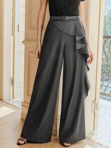 Anewsta Women's Fashionable Flounce Hem Pants With Belt, Suitable For Spring Urban Chic Style - Grey - View 1