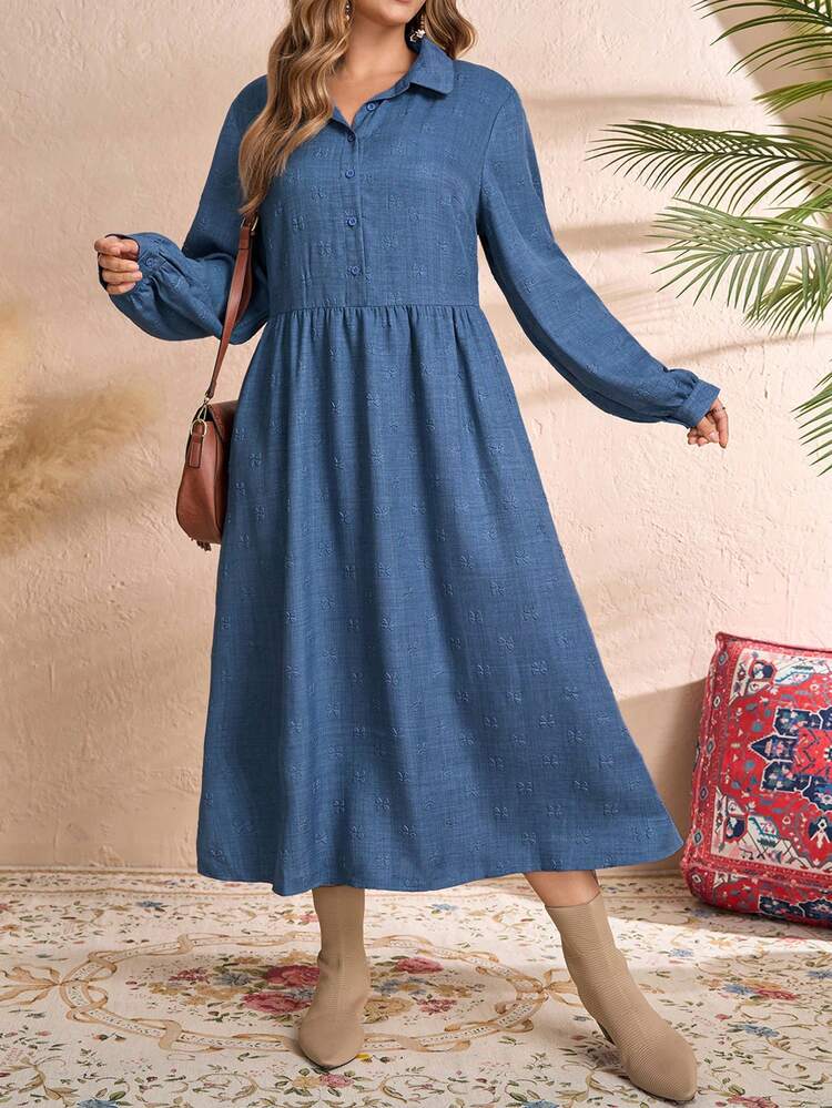 Plus Size Women's Summer  Casual Vacation Long Sleeve Button Down Leisure Shirt Dress For Fall, Winter Women Clothes,Early Spring,Spring Break Outfits ,Vacation Outfits Women ,Holiday Outfits For Women,Spring Dress Women,Going Out Outfits,2026 New Clothes,Simple And Fashionable For Everyday Wear, Long Sleeve Chambray Dress, Dusty Blue Women Dress