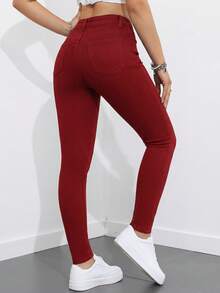 SHEIN ICON Quần jeans skinny màu trơn đơn giản, đa năng dành cho nữ, thích hợp mặc hàng ngày đi làm. - Màu Hồng Tươi - Xem 2