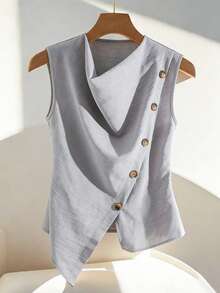 Franclia Women's Elegant Light Grey Summer Sleeveless Textured Blouse, Office Asymmetrical Hem Slit Top For Vacation,Beach,Parties & Occasions - Dusty Blue - View 8