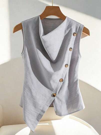 Franclia Women's Elegant And Sexy Outfits For Office, Vacation, Beach, Commuting, Romantic Occasions, Banquets, Parties, Birthday Celebrations, Concerts, Valentine's Day, And Carnivals. Summer Feminine Style Featuring Sleeveless Textured Shirts With A Refined, High-End Silhouette. Slim-Fit With A Slit And Irregular Hem, Available In Solid Blue, Women's Swing-Collar, And Linen Fabric Options.