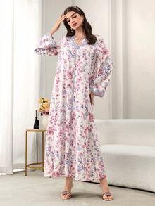 Al Najma 浪漫印花优雅长款宽松休闲阿拉伯风格女式连衣裙 - 紫色 - 查看 5