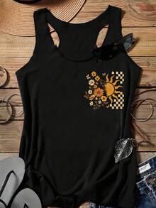 SHEIN LUNE 女士休闲简约格子花朵向日葵度假图案背心，休闲款 - 黑色 - 查看 2