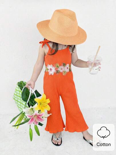 SHEIN Vintaside Kids Jumpsuit, Baby Girl, Newborn, Floral Decor Sleeveless Jumpsuit, Jumpsuit With Bell-Bottom Pants, 3M-3T Flower Clothes Baby Girl Summer Jumpsuit Baby Girl Orange Jumpsuit Orange Two Pieces Set Orange Flowers Outfit Baby Girl Resort Wear Flower Two Pieces Set