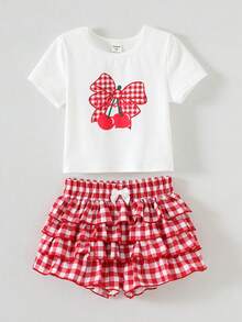 2pcs/Set Young Girl Watermelon Knit Top And Woven Plaid Skirt Outfit - Green - View 4