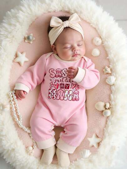 SHEIN Baby Girls' Fashionable Minimalist Color Block Round Neck Long Sleeve Printed Romper With Cute Bow Headband, Spring/Autumn