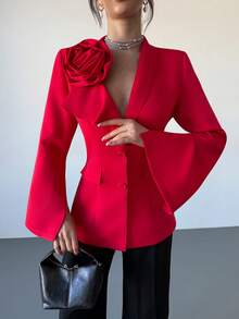 RiviMae Women's Asymmetric Collar Fitted Single-Breasted Slit Flared Sleeve Blazer Jacket - Red - View 4
