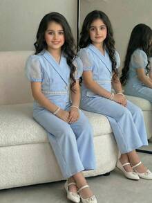 SHEIN Tween Girl Spring/Summer Casual Elegant French Collar Rhinestone Button Asymmetric Hem Organza Puff Sleeve Jumpsuit With Blue Beaded Trim Patchwork Pants - Blue - View 1