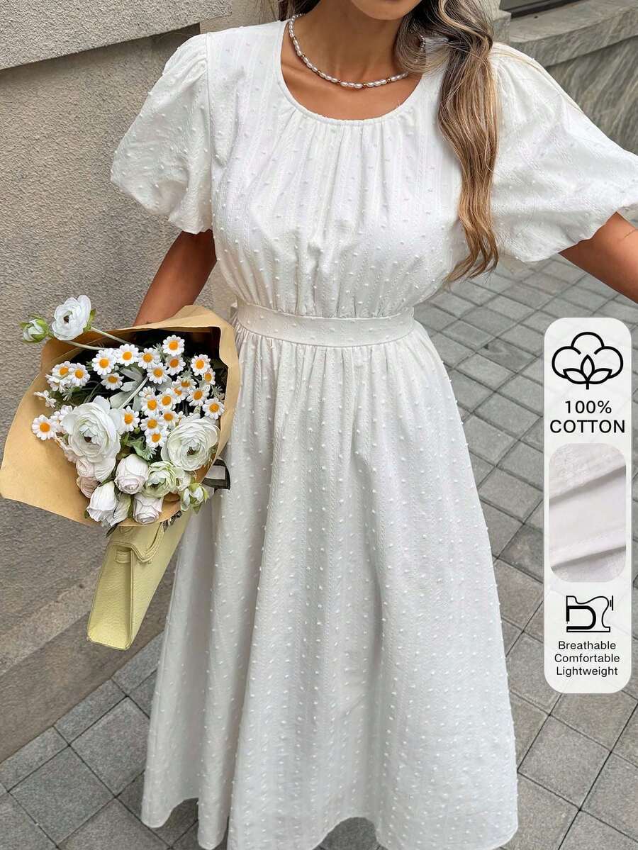 Livesso Round Neck Waist Cinched Lace Midi Dress For Women Summer Sundress - Beige - View 1