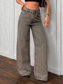 SHEIN Cottnline Women's Solid Color Slant Pocket Casual Versatile Wide Leg Jeans - Dark Wash - View 3