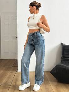 EURMUSE 100% Cotton Women's Denim Pants With Embroidery Detailed - Medium Wash - View 6