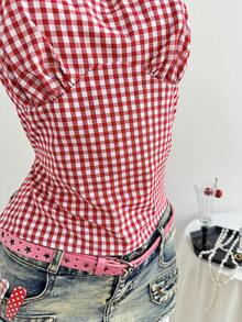 Elamini 红色格子露背吊带背心，饰有山茶花边，系带设计，甜美可爱，适合春夏、度假、海滩、复古、简约风格，日常穿着和约会皆宜。 - 紅色 - 查看 7