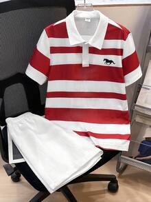SHEIN 男童休闲条纹polo衫+白色短裤套装（2件套），适合上学、生日、派对、婚礼、洗礼、开幕式、旅行、运动、春夏等多种场合。 - 彩色 - 查看 3