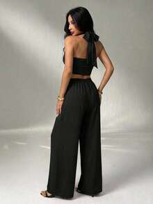 Conjunto de 2 piezas top convertible varias formas de uso y pantalón amplio de tiro alto - Negro - Ver 3