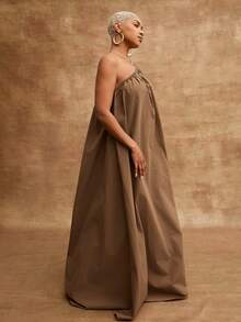 Vixey Vävd asymmetrisk böljande maxiklänning med enkel rem - Brun - Visa 5