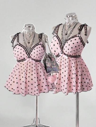 Sunspun Plus Size Women Polka Dot Bow Decor Fashionable Versatile Date Outfit Camisole Top