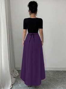 Rafferiza 女士优雅修身系腰旗袍连衣裙，短袖方领拼接中国风印花 - 彩色 - 查看 2