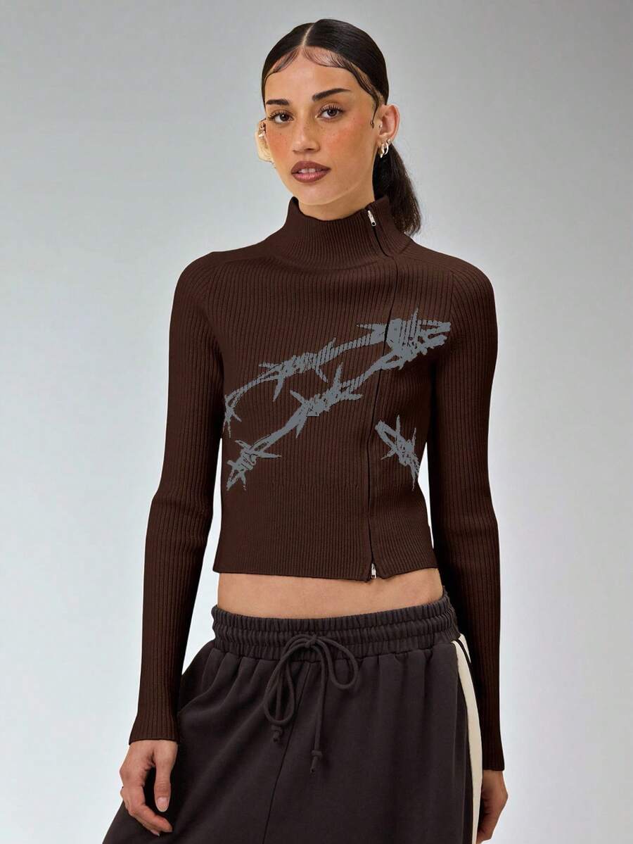 COUREZ Asymmetric Zip Up Fitted Rib Knit Jumper With Graphic /Y2K Going Out For Women Spring For Women Going Out Tops Rave Women's Spring Sweater - Brown - View 1