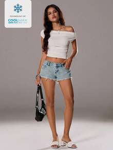 TRNVIE 女士口袋毛边性感时尚牛仔短裤 - 淺色水洗藍 - 查看 7