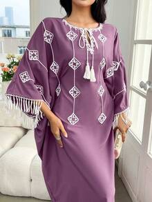 Yasmyna 女士流苏土耳其长裙，传统阿拉伯长袍 - 紫色 - 查看 1