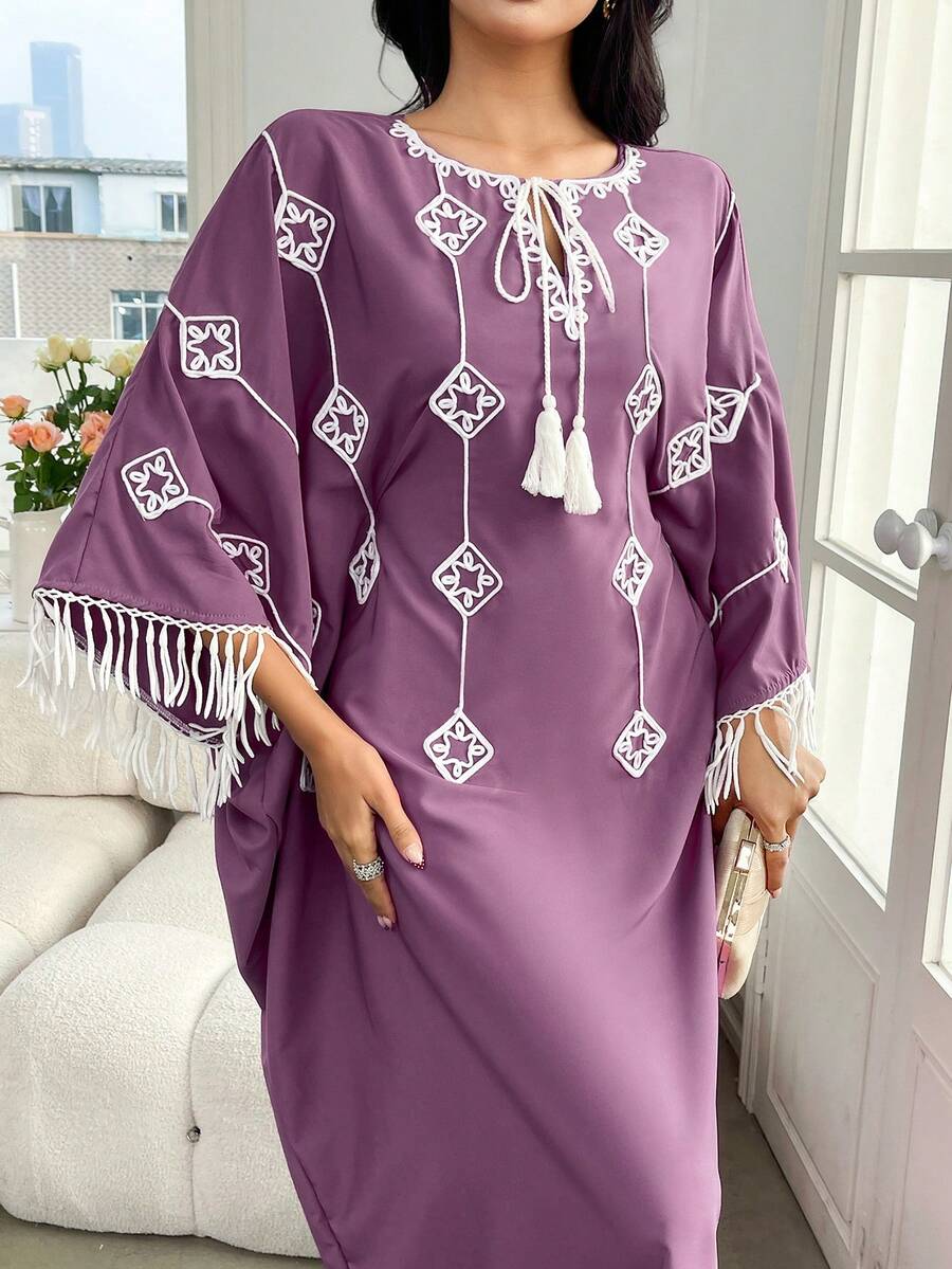 Yasmyna 女士流苏土耳其长裙，传统阿拉伯长袍 - 紫色 - 查看 1