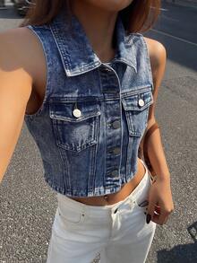 DAZY Women's Fitted Denim Vest, Sleeveless Cropped Denim Jacket - Blue - View 8