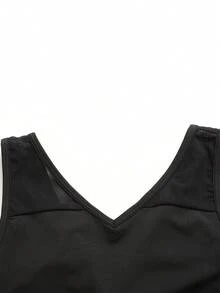 SHEIN 少女休闲运动体操瑜伽高弹网眼拼接露背扭结连体衣，黑色 - 黑色 - 查看 6