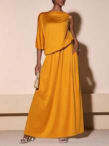 Zivah 2026 Spring New Mediterranean Vacation Style Music Festival Easter Western Nomadic Birthday Party Street Style Sister Afternoon Tea Dance Party Commute Casual Elegant Minimalist Streetwear Fashion Week Street Style Daily Outing Date Night African Fashion African Cut Sleeveless Asymmetric Design Asymmetric Shoulder Elastic Waist Pleated Fabric Flared Skirt Hidden Pockets Stretchy Knit Fabric Mustard Asymmetric Design Sleeveless Pleated Elastic Waist Knit Fabric Commuter Style Maxi Dress - Yellow - View 5