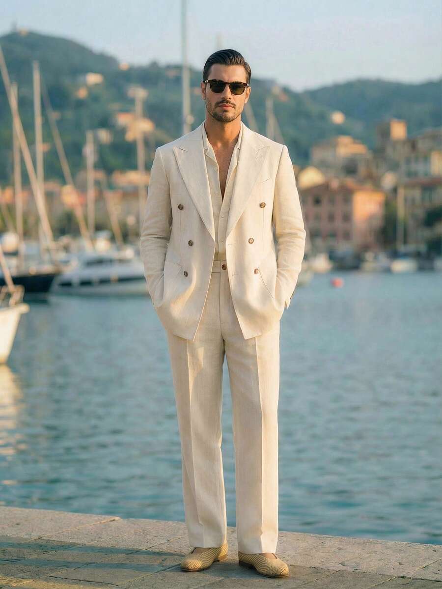 HIMLAND 男士纯色立领双排扣长袖西装外套及西裤套装