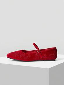 MOTF WOMEN ELEGANT VERSATILE COMMUTING VELVET FLORAL EMBROIDERY BUCKLE STRAP FLATS VALENTINE'S DAY SPRING SHOES - Red - View 4