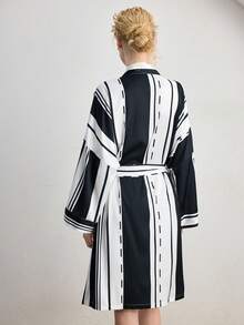 Ocili Silky Satin Striped Loose Belted Mid-Length Robe, Women Sleepwear - Black and White - View 4