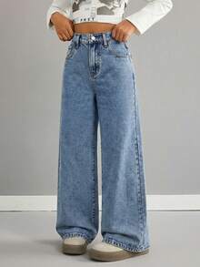 SHEIN Jeans anchos y holgados de color caqui para niñas - Lavado ligero - Ver 4