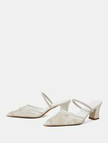 CUCCOO HITCHD Zapatos de mujer para primavera y verano con decoración de perlas, tacón grueso puntiagudo, de malla y unicolor. Zapatos de tacón alto para uso diario, citas, viajes y fiestas - B blanca - Ver 3