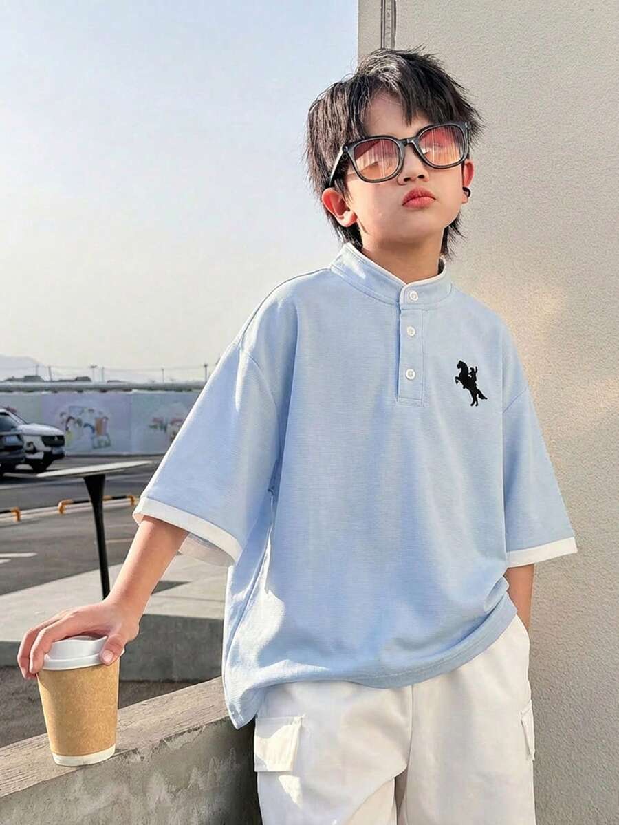 2件套儿童/青少年男童休闲日常舒适印花立领半拉链套头短袖T恤和纯色短裤套装 - 彩色 - 查看 1